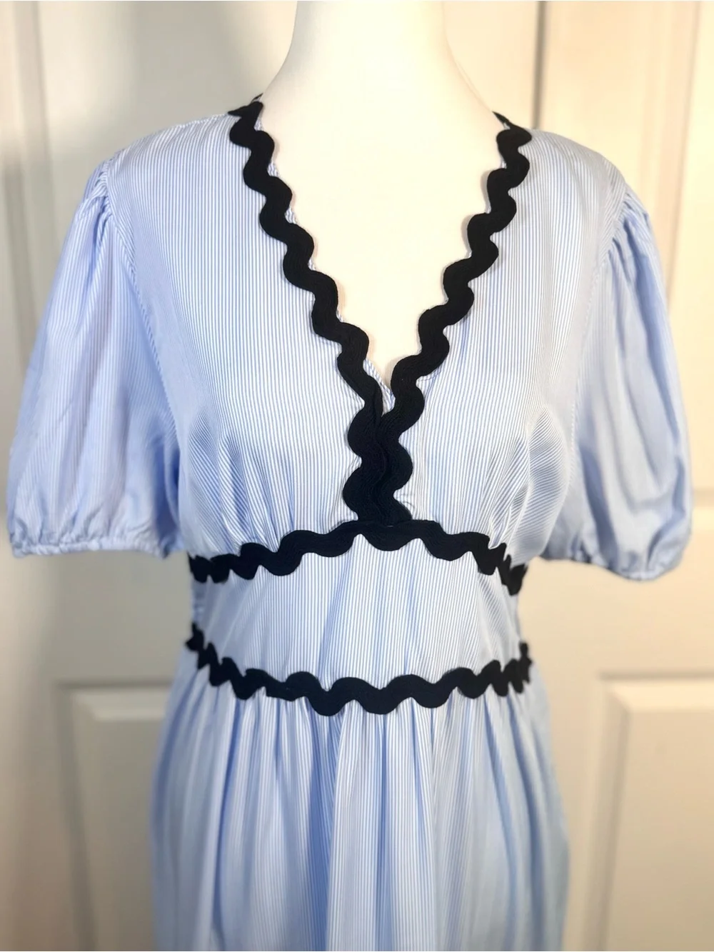 Blue Stripe Ric Rac Maxi Dress L Boho Prairie Coastal Cottage Tiered Truly 4 You